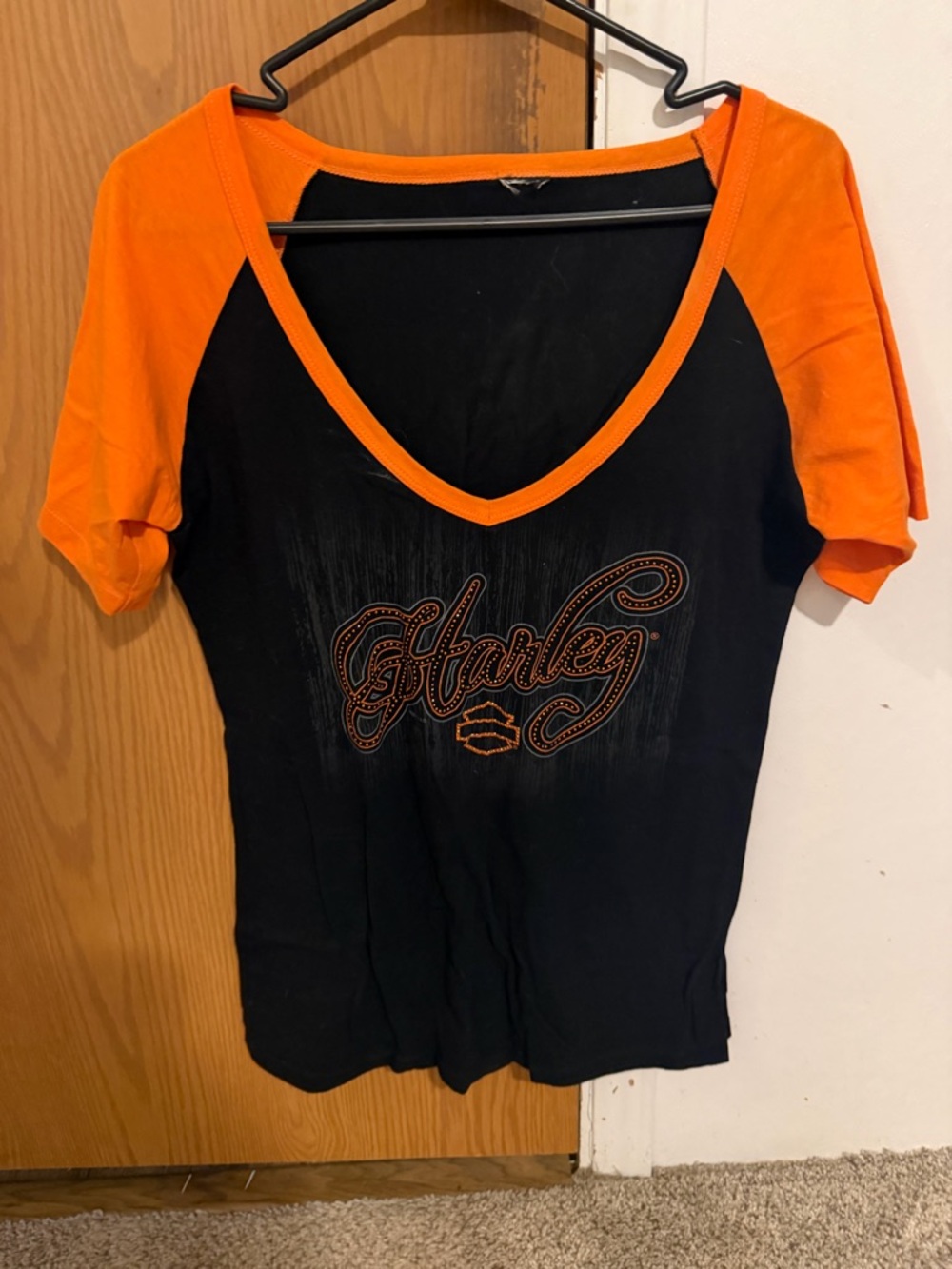 Harley-Davidson Black V-Neck Tee with Orange Raglan Sleeves